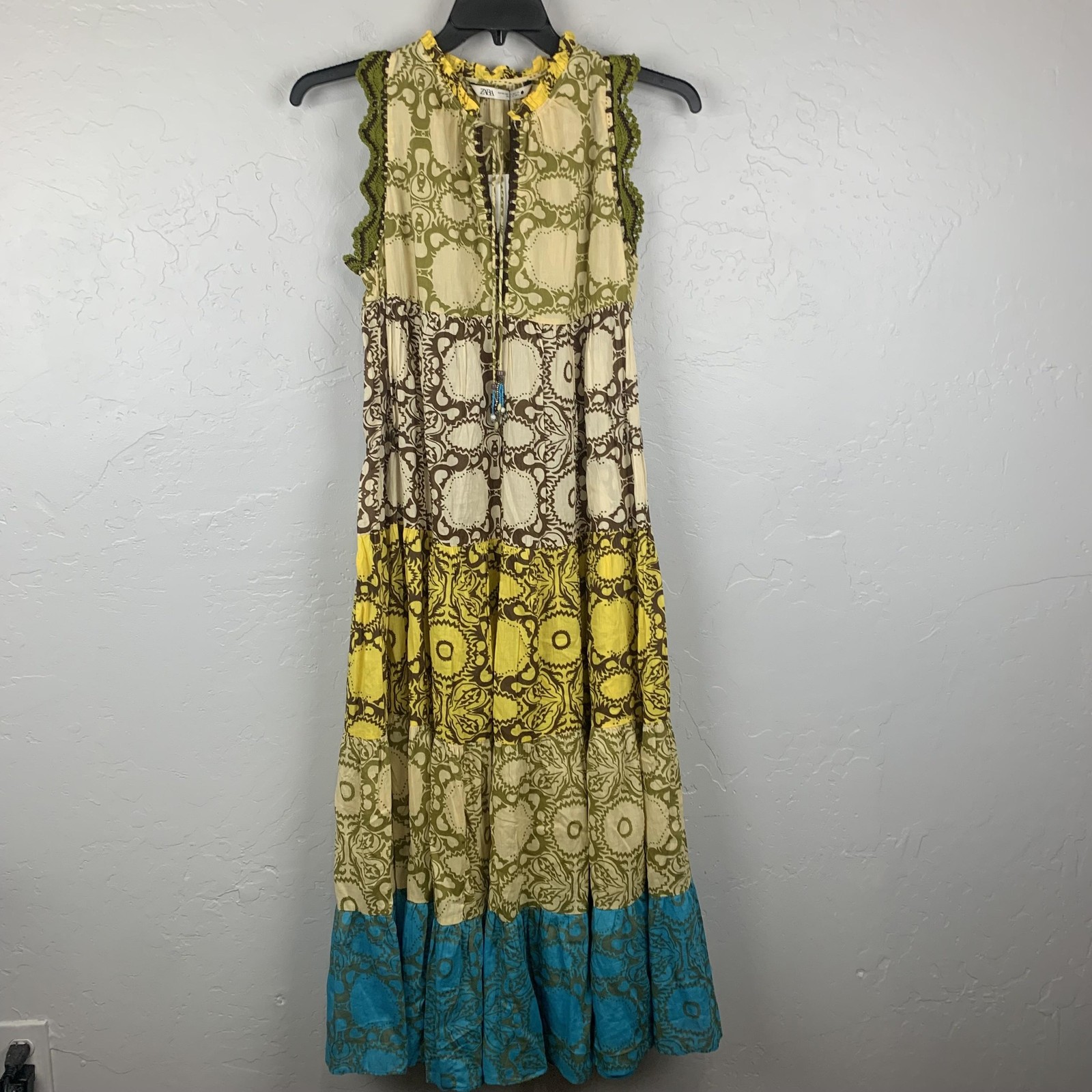 Zara Dress Womens XS Multicolor Geometric Maxi Sundress Crochet Boho Tiered NWT