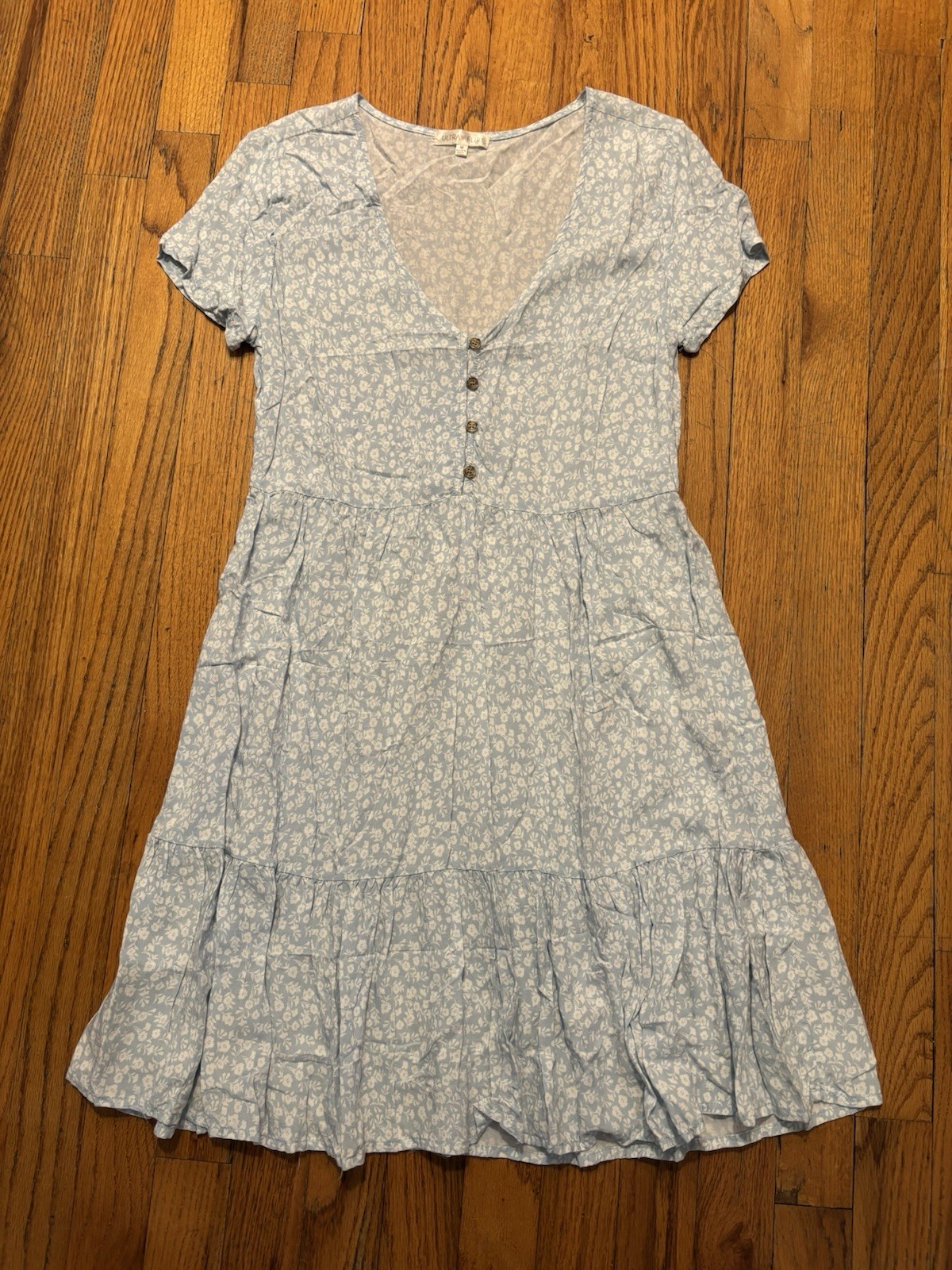 ULTRA FLIRT Womens Ruffle-hem Short Sleeve V Neck Short Baby Doll Dress Medium