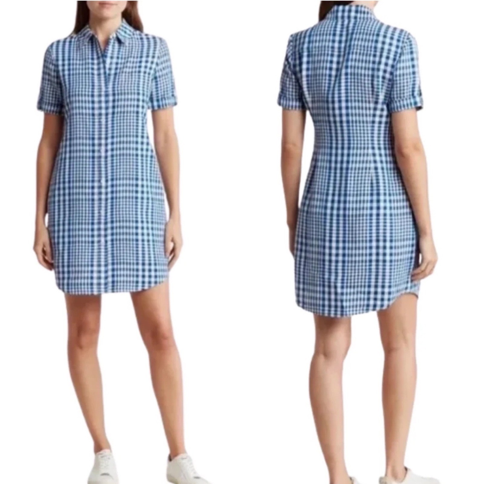 Theory Mayvine Dillon Plaid Shirt Dress 2 Blue Linen Mini Preppy Gingham Summer