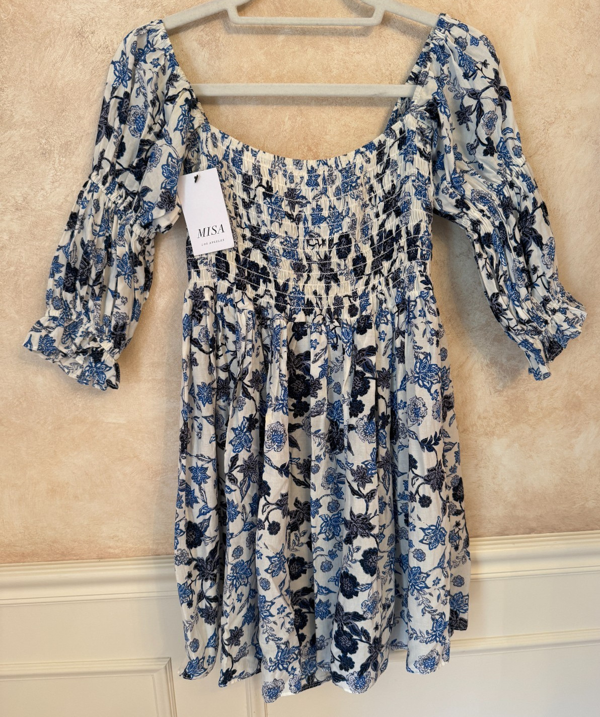 Misa Los Angeles Zadie Boho Mini Ruffle Floral Blue White Dress SZ S NWT