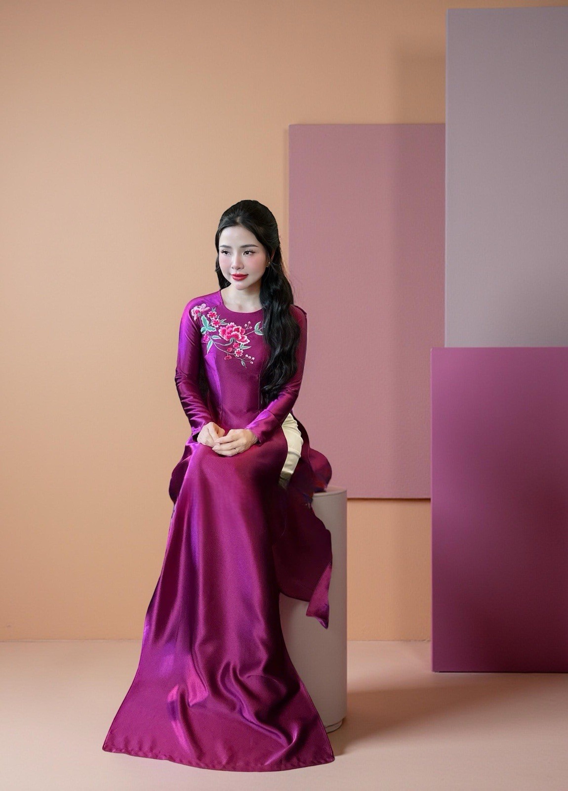 Ao Dai Traditional Vietnamese Long Dress-Embroidered Designed Valentino-No Pants