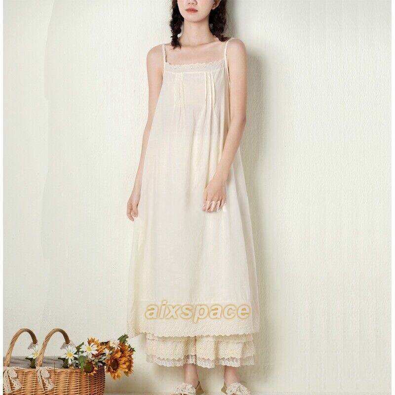 Lady 100% Cotton Camisole Full Slip Dress Cami Chemise Maxi Lace Dress Petticoat