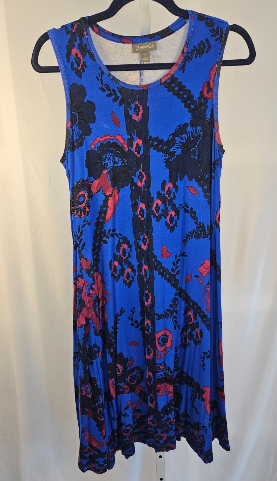 Style & Co Blue Floral Swing Dress Sleeveless Stretch Knit Boho Lagenlook Size S