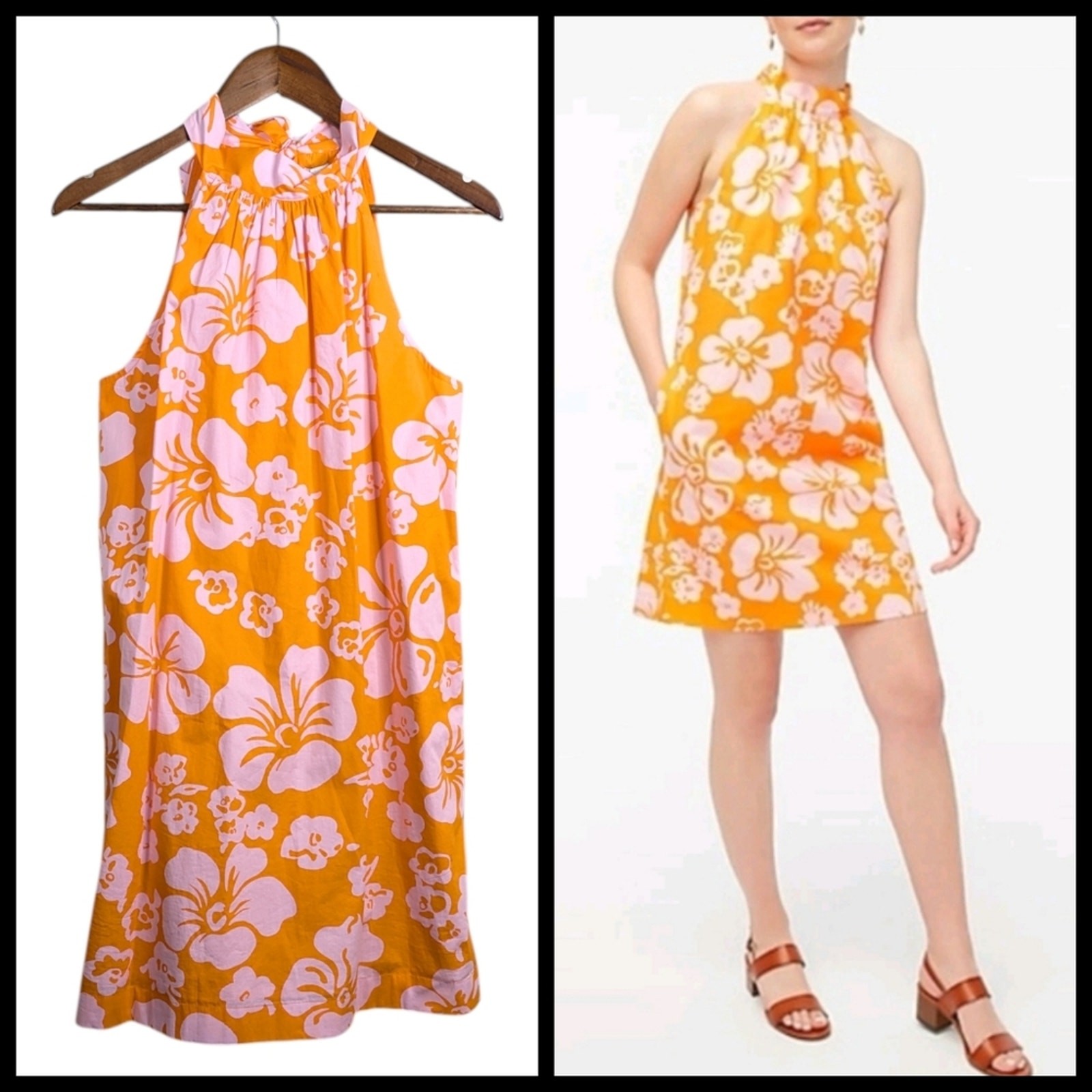 NEW J. Crew Hawaiian Halter Tie Neck Hibiscus Dress 6 Orange Resort Coastal