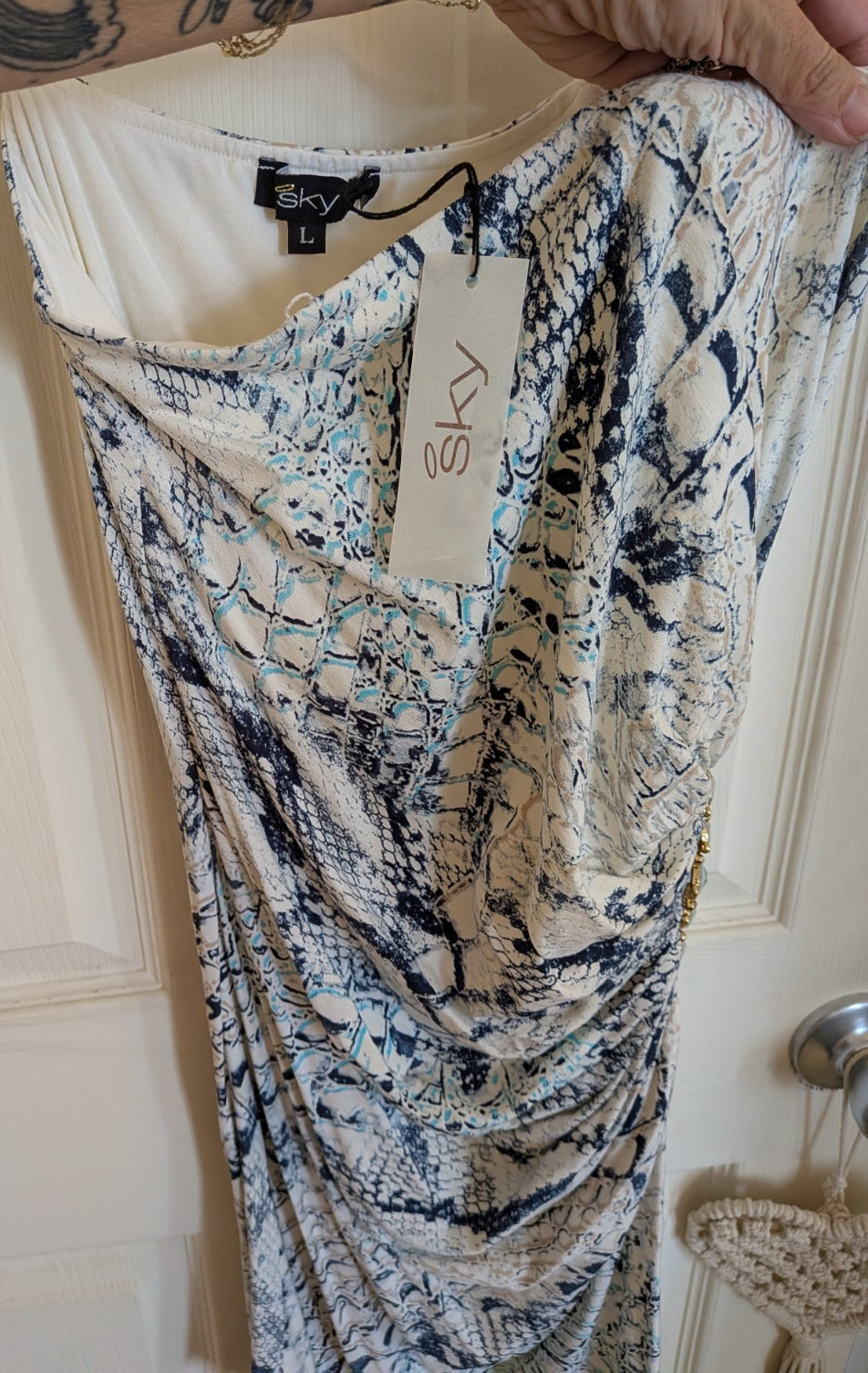 Sky Multicolor Snake Print Beaded Ruched Midi Sheath Dress Strapless Size L