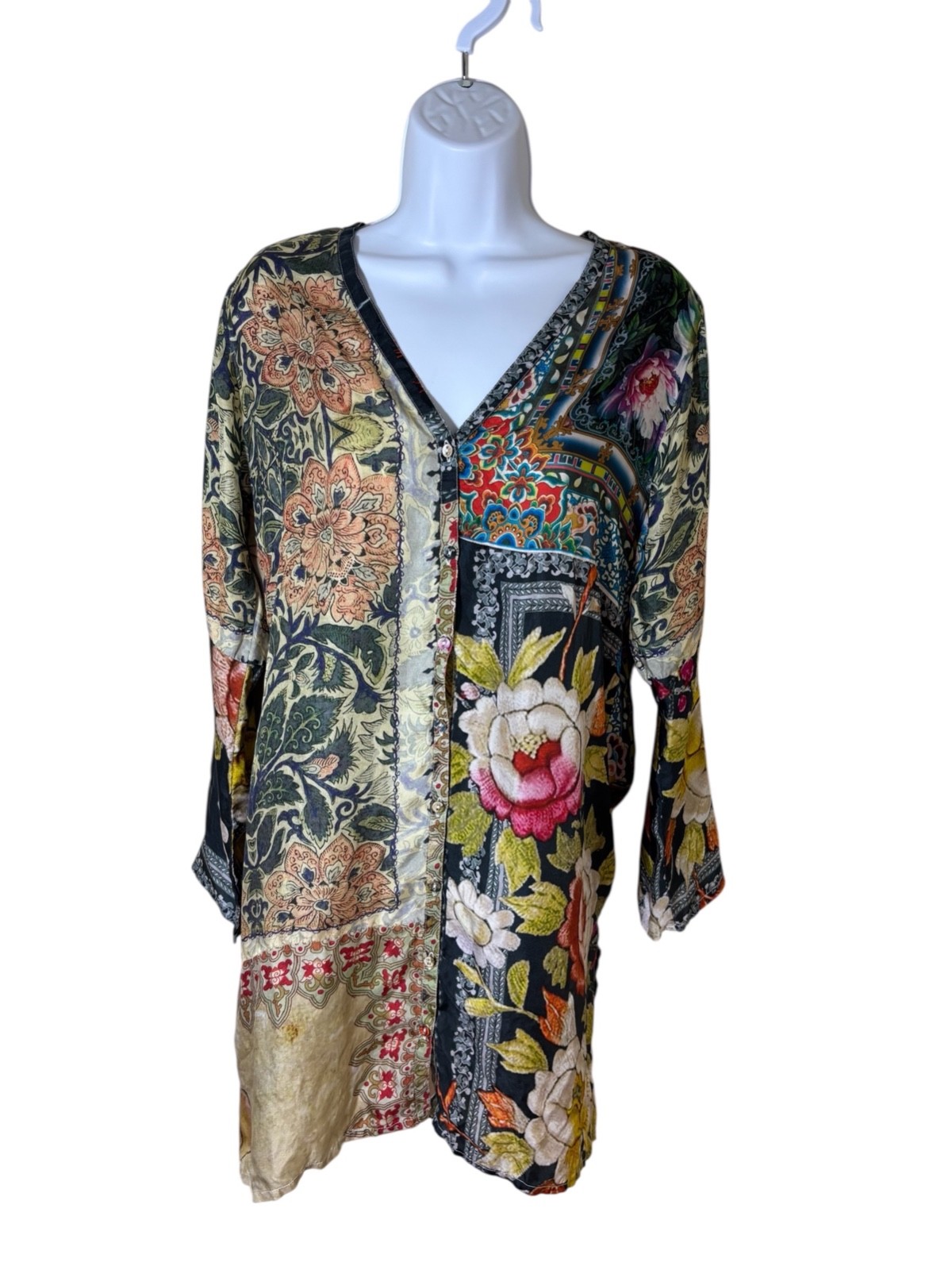 JOHNNY WAS Silk FLORAL PATCHWORK Art to Wear LAGENLOOK Boho TUNIC MINI Dress PS