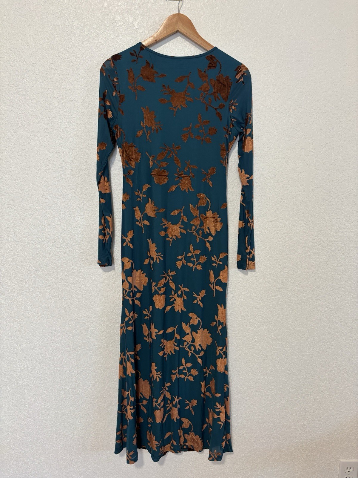 NWT MEROKEETY Teal Velvet Flocked Floral Mesh Maxi Dress Long Sleeve Size M