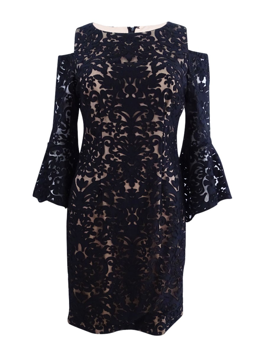 Xscape Women’s Cold-Shoulder Lace Sheath Dress (4, Black/Nude) 808593980620