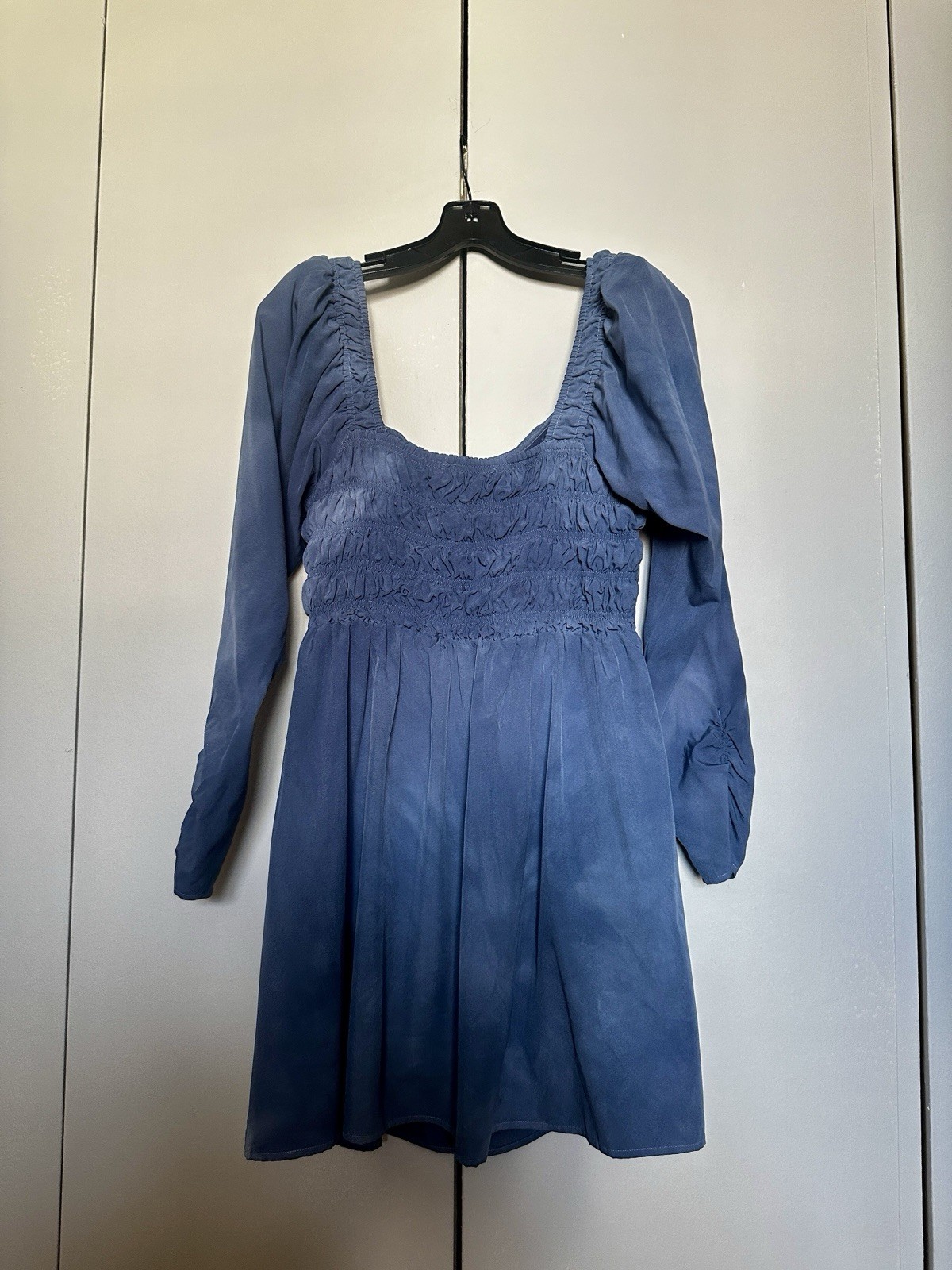 ASTR The Label Blue Dyed Smocked Puff Long Sleeve Mini Babydoll Peasant Dress L