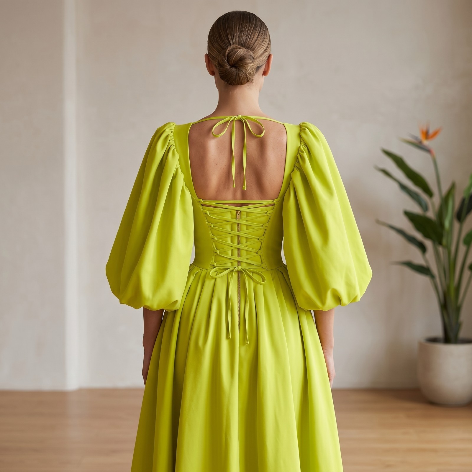 Elegant Square Neck Puff Sleeve Formal Evening Dress Corset Satin Prom Maxi Gown