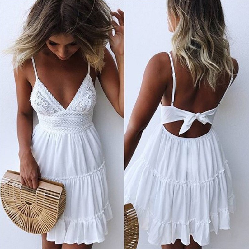 Summer Women V Neck Lace Ruffle Mini Dress Holiday Ladies Beach Strappy Sundress