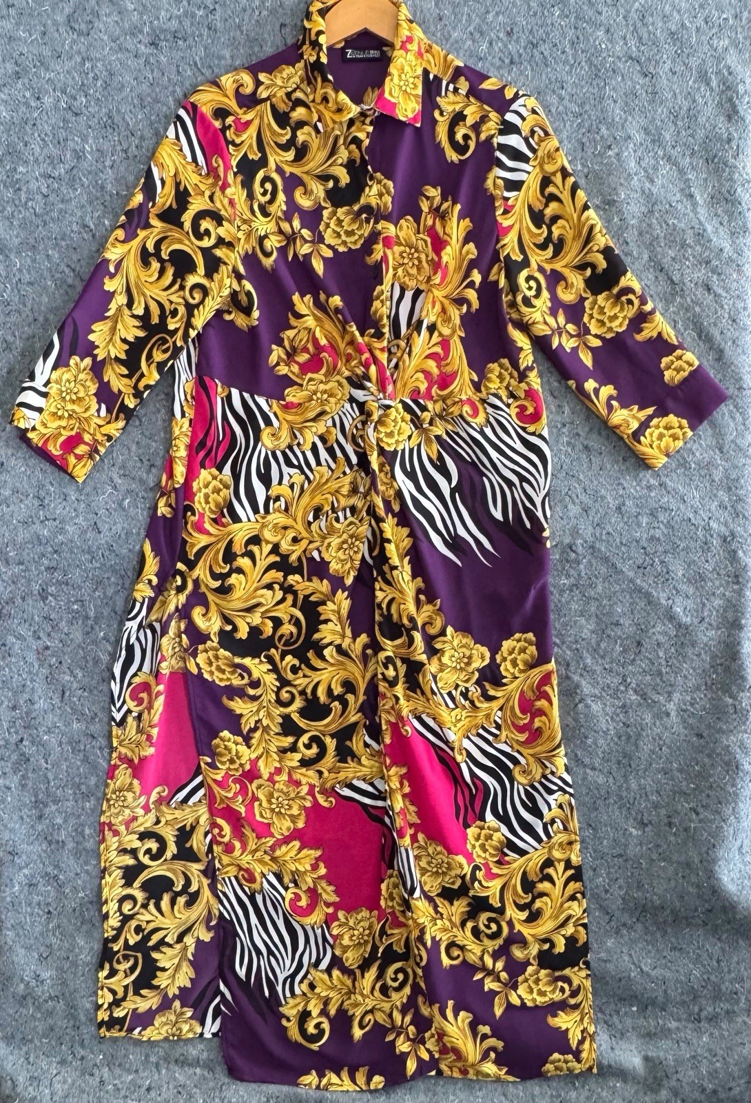 Avenue NY&Co L Shirt Dress Purple Gold Baroque Zebra Twist Front NWT Versace