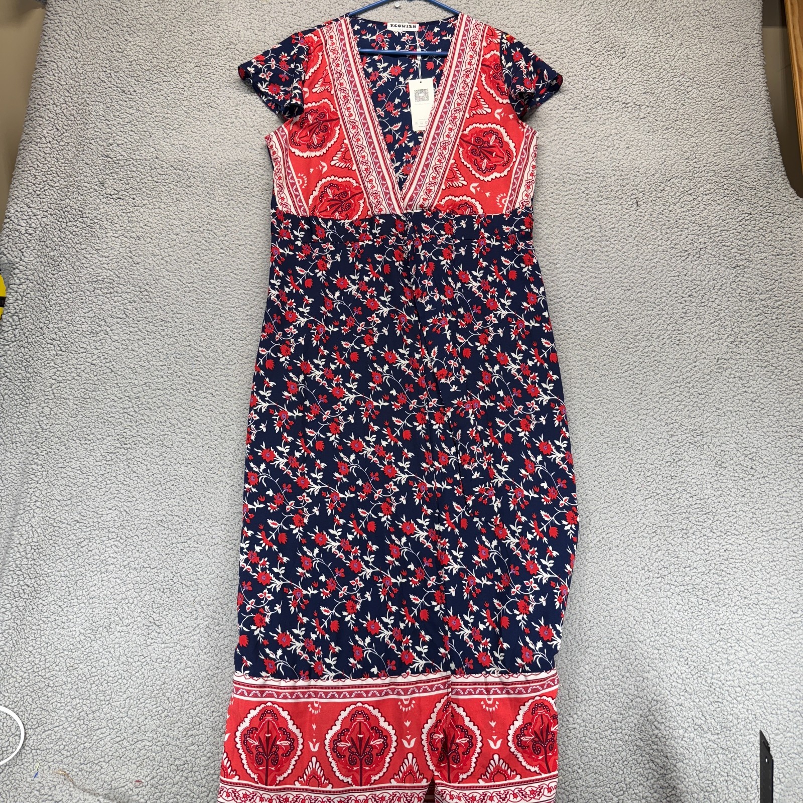ECOWISH Womens High Split V Neck Short Sleeve Wrap Dress Red Floral Size L