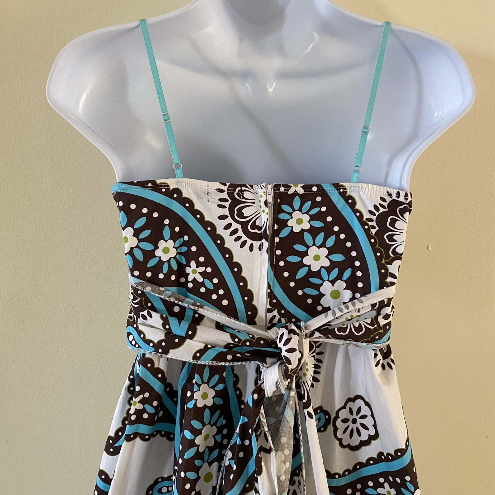 Ruby Rox Size 3 Women’s Blue Brown & White Paisley Sundress Spaghetti Strap, Tie