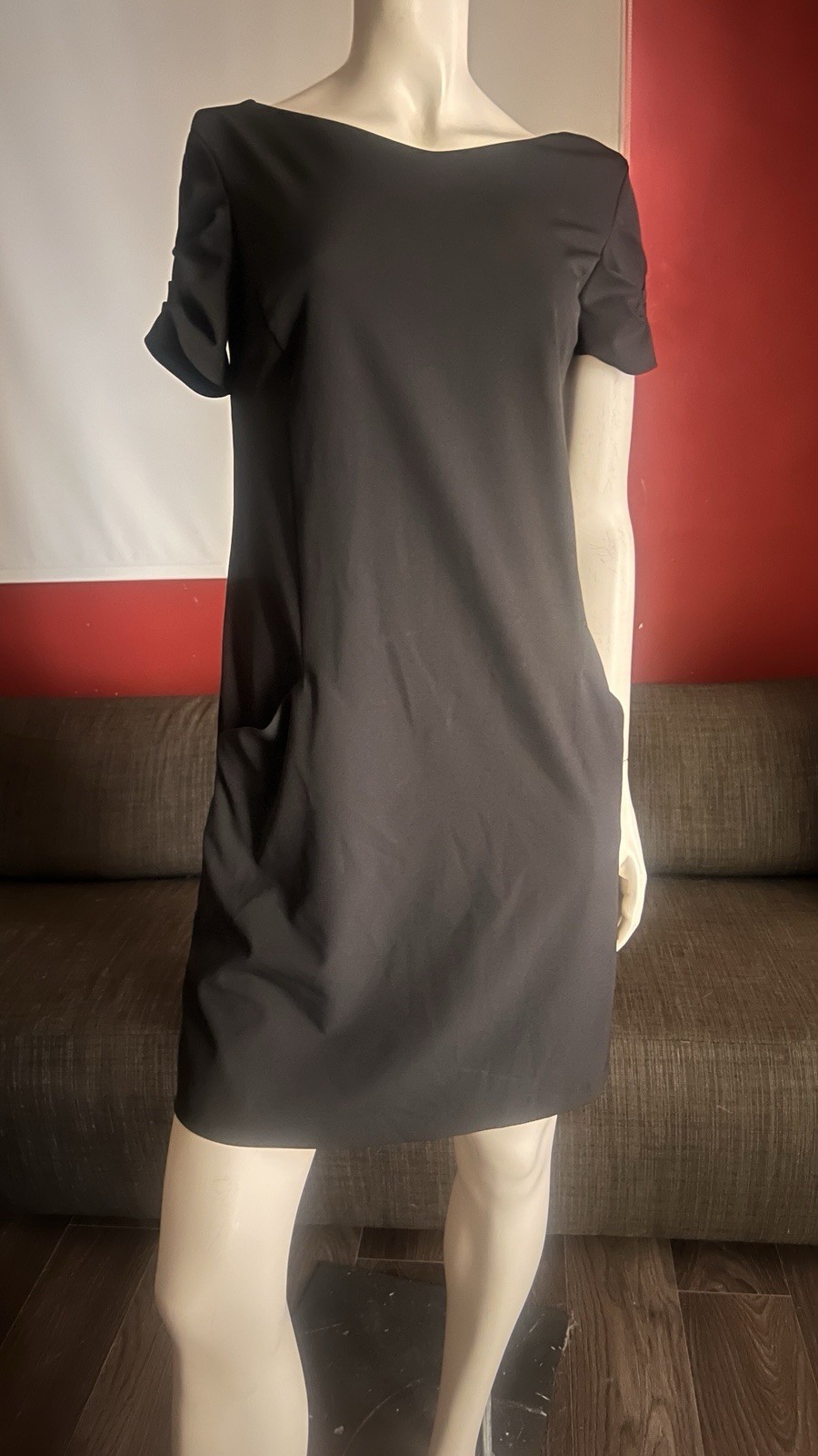 Sandro Ferrone women black shift mini dress puff sleeves side pocket classic