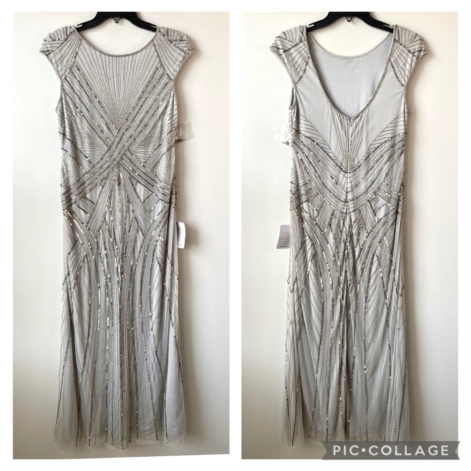 Pisarro Nights Embellished Sequins Beaded Cap Sleeve Gown Silver Grey 8