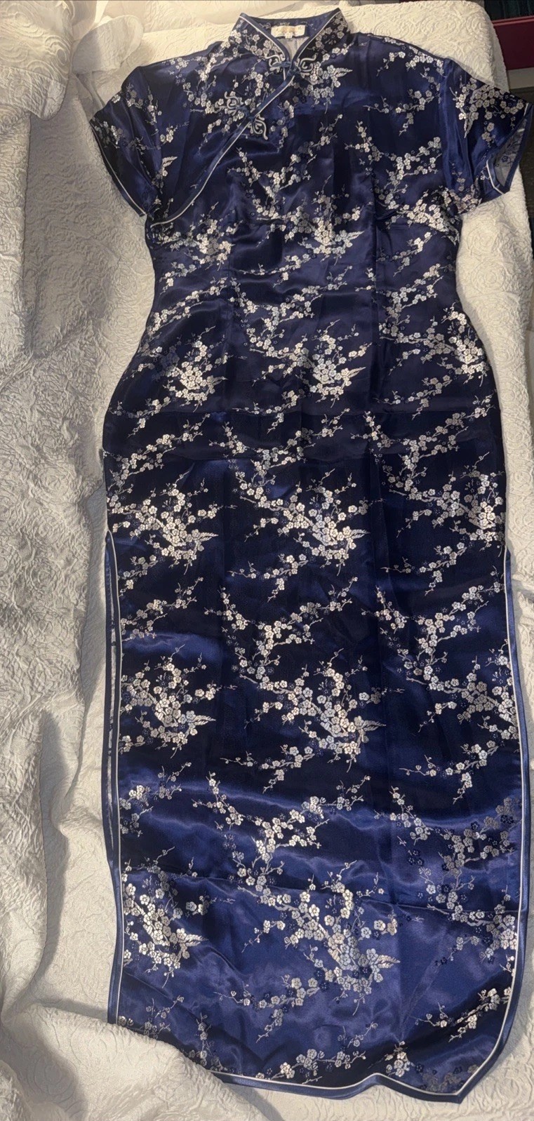 VTG Women’s Sz 42 Silk Silver Embroidered Blue Mandarin Collar Dress
