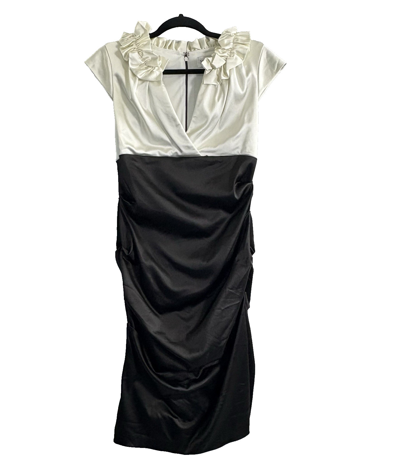 Vtg XSCAPE Johanna Chen Women Dress Ruffle V Neck Ruched Sz 12 Ivory Black 15-15