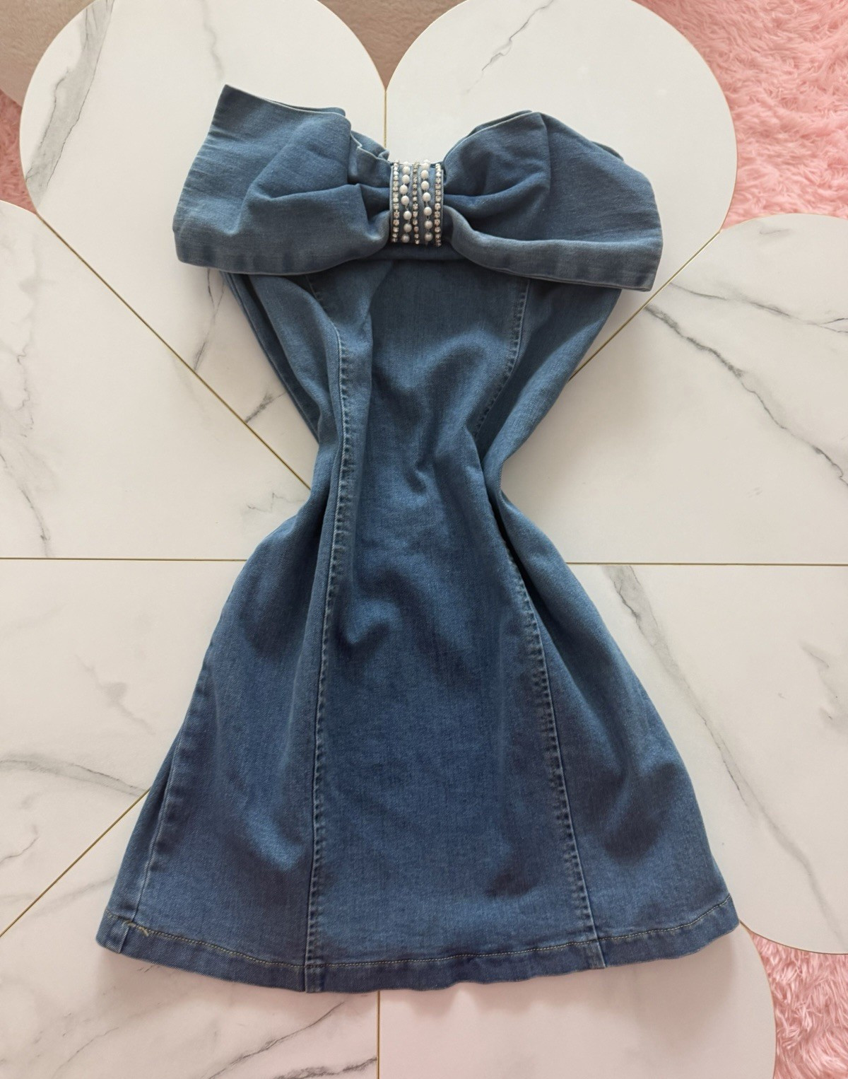 EB Luxe Los Angeles Blue Denim Strapless Mini Dress rhinestone detail Size S