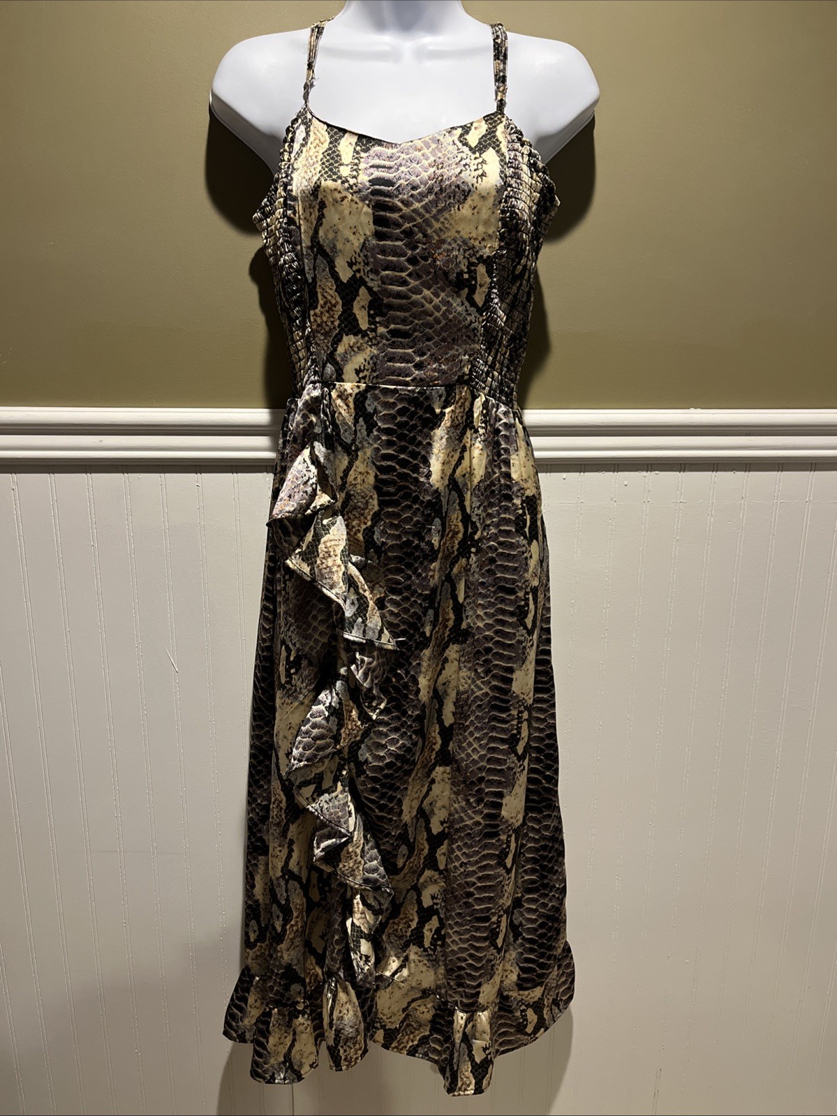 Angie Women’s Dress M Animal Print Snake Ruffled Sleeveless Long READ!