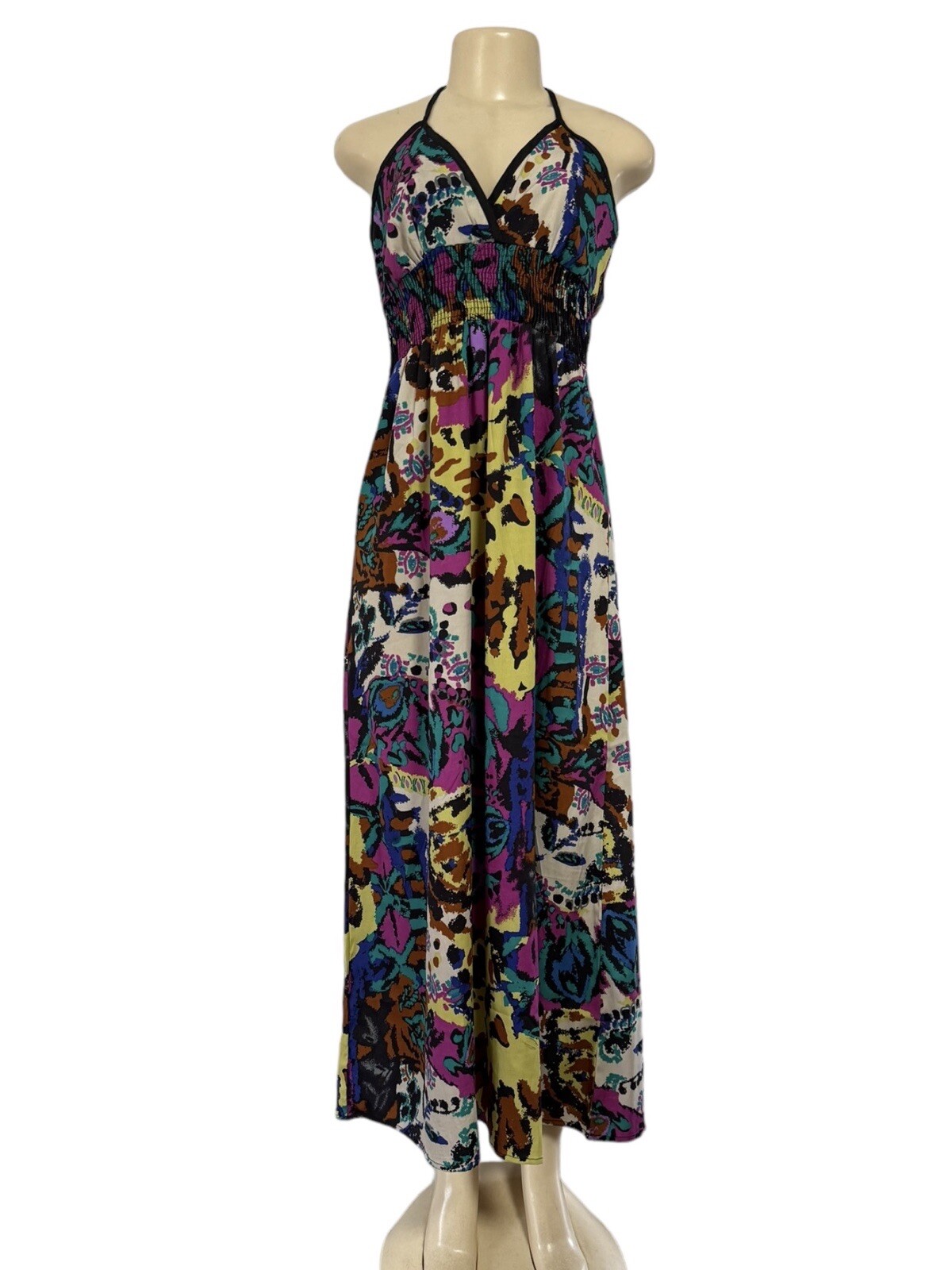 Vintage Millennium Halter Maxi Dress Black Animal Print Stretch Geometric Y2K M