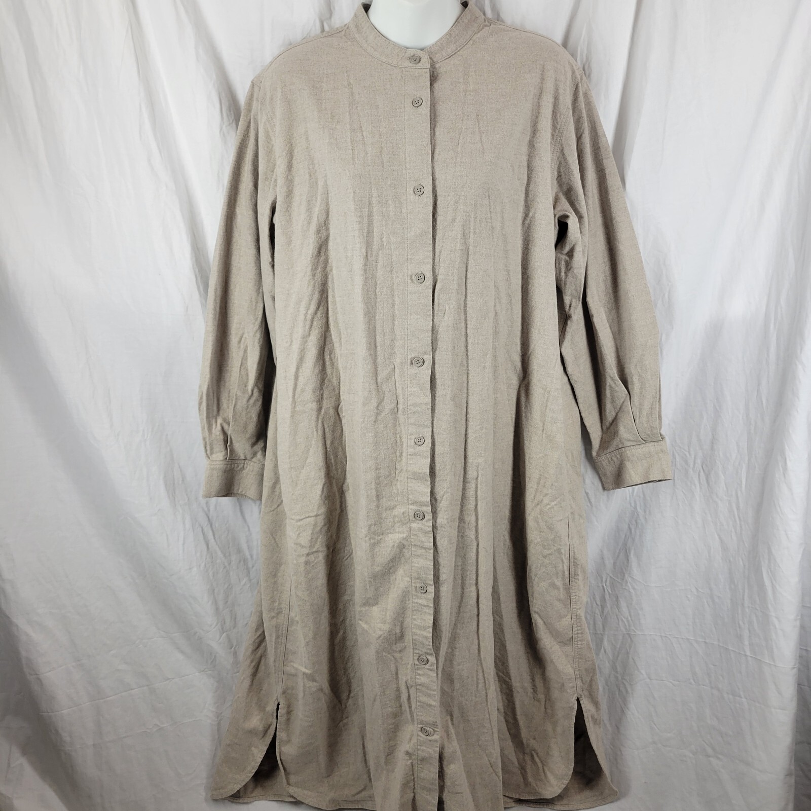 Muji Sz L Beige Brushed Cotton Button Front Shirt Dress Pockets Boxy Minimalist