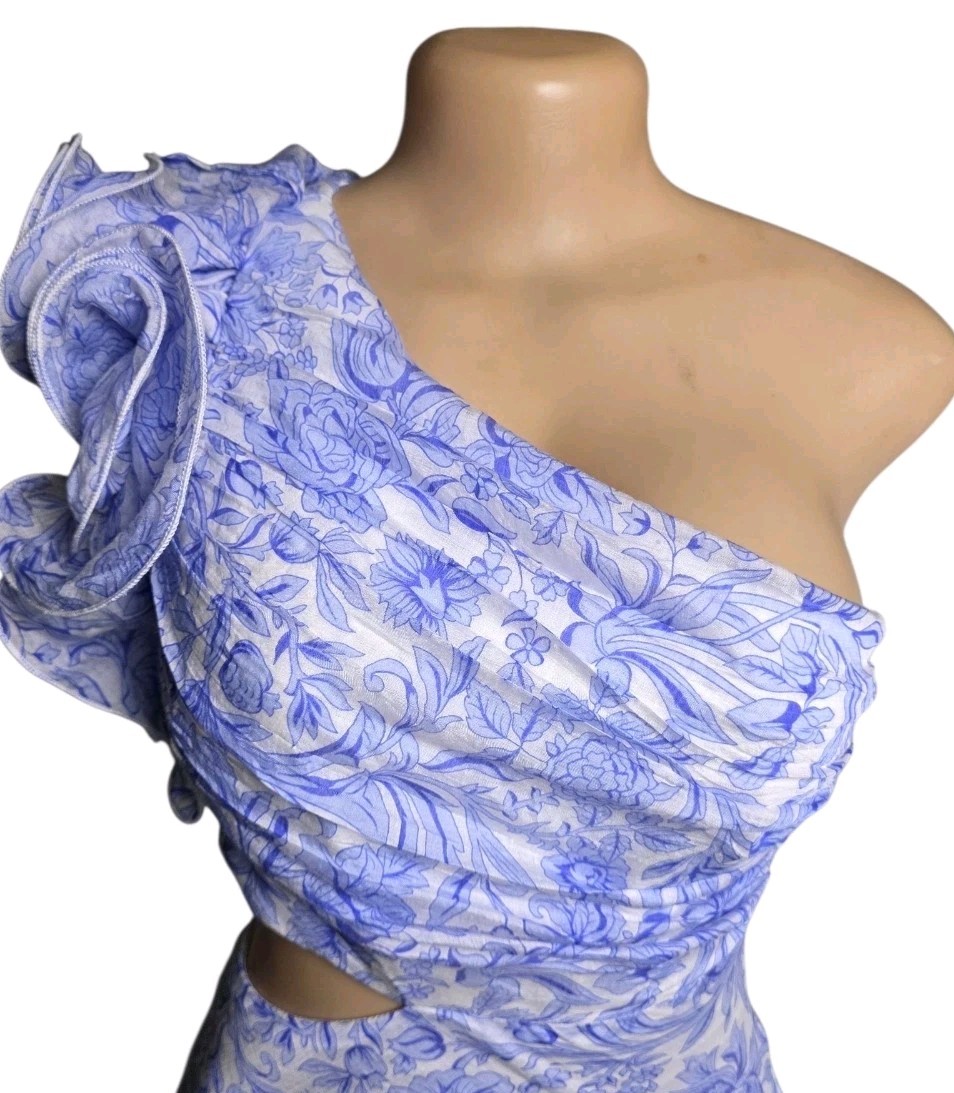 NWT Saints & Secrets Deanna One-Shoulder Cutout Blue Fliral Dress Women S