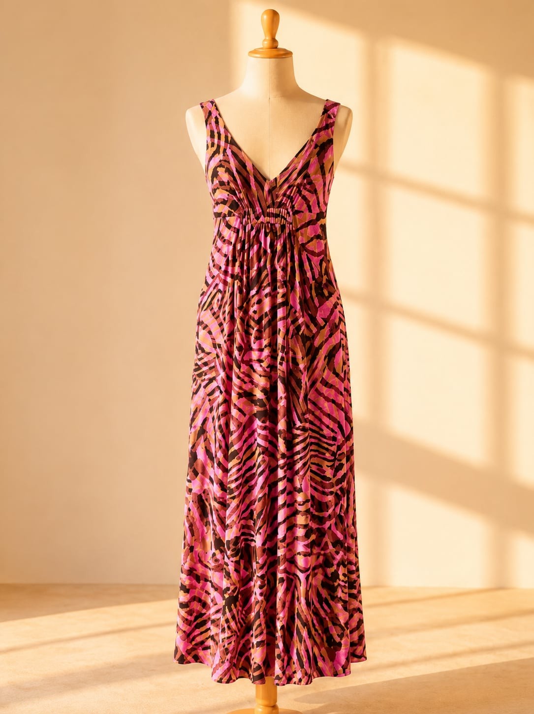 CAbi Pink and Black Abstract Animal Print Sleeveless V-Neck Maxi Dress Style 109