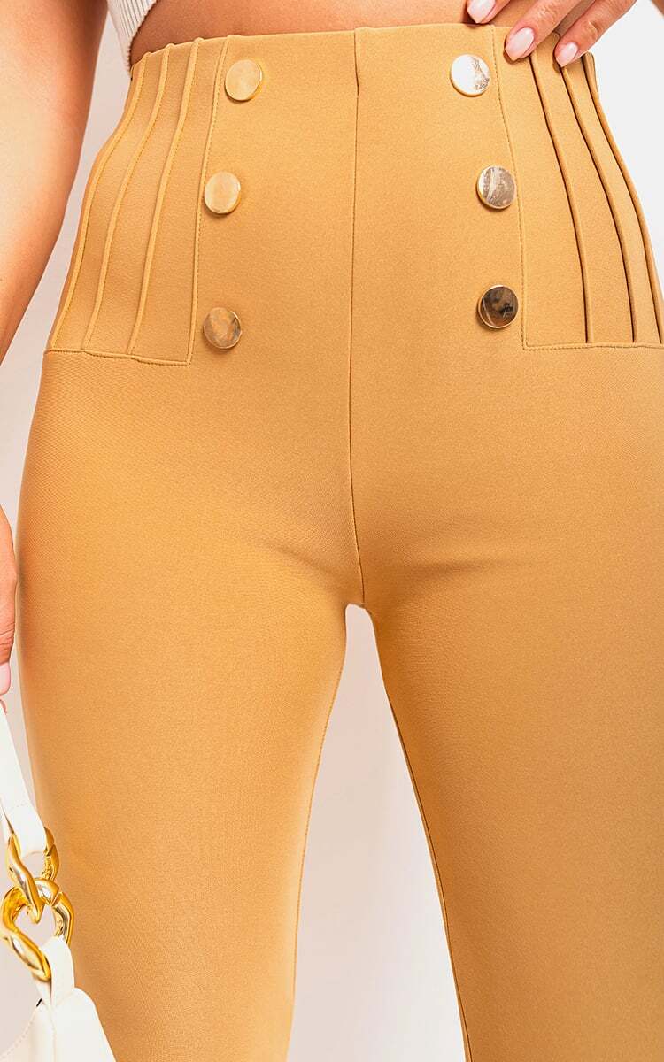 Womens Trousers High Waisted Button Detail Casual Stretch Full length Pants