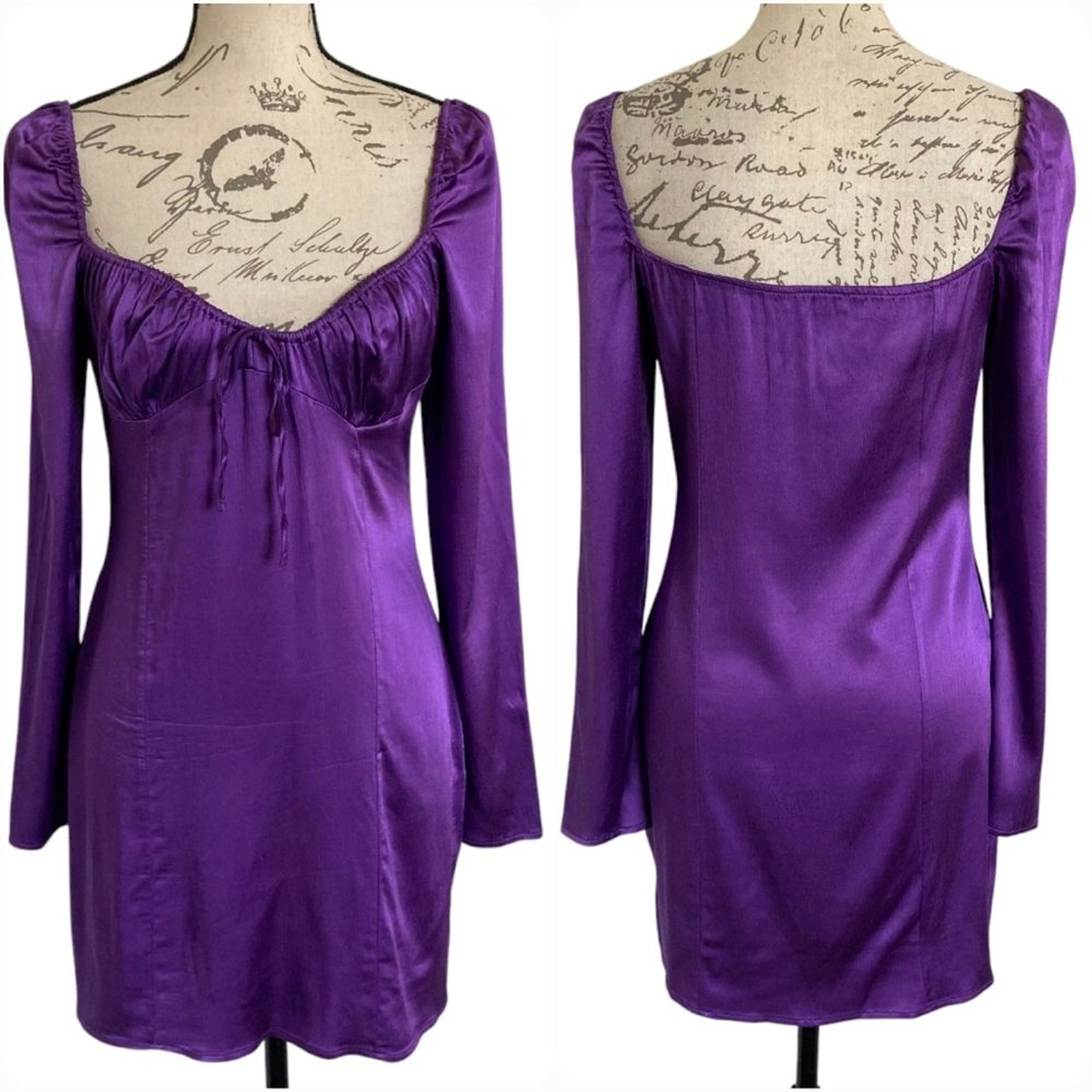 Zara satin effect mini dress L babydoll long sleeve purple coquette disco party