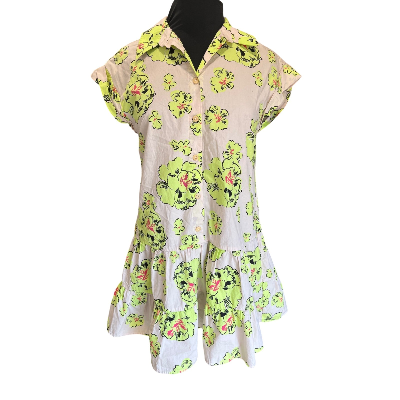 Maeve Anthropologie Neon Floral Button Front Tier Mini Shirt Dress Pink Lime XS