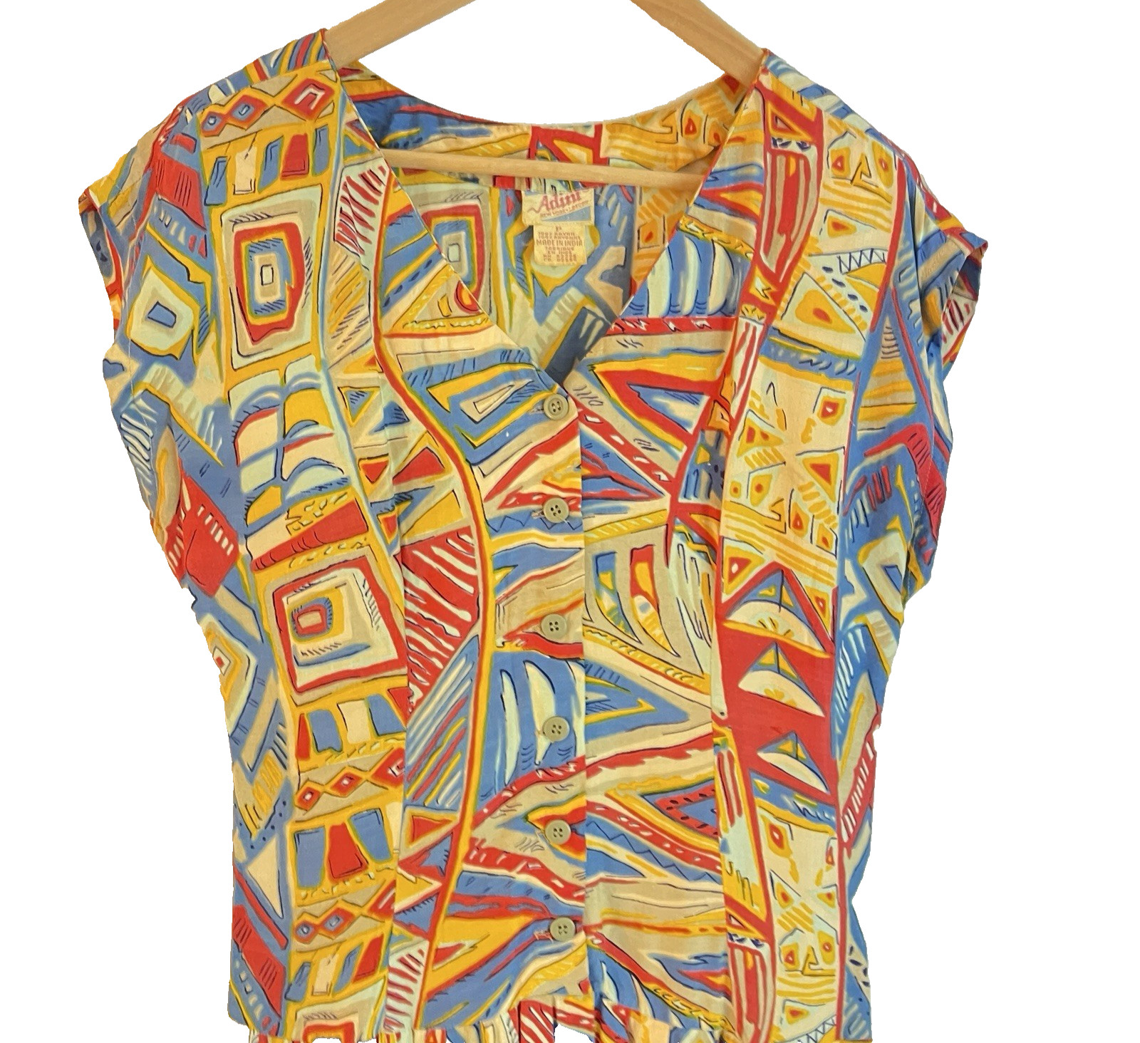 Vintage Adini Abstract Geometric Rayon Midi Dress Made India L Colorful 90s
