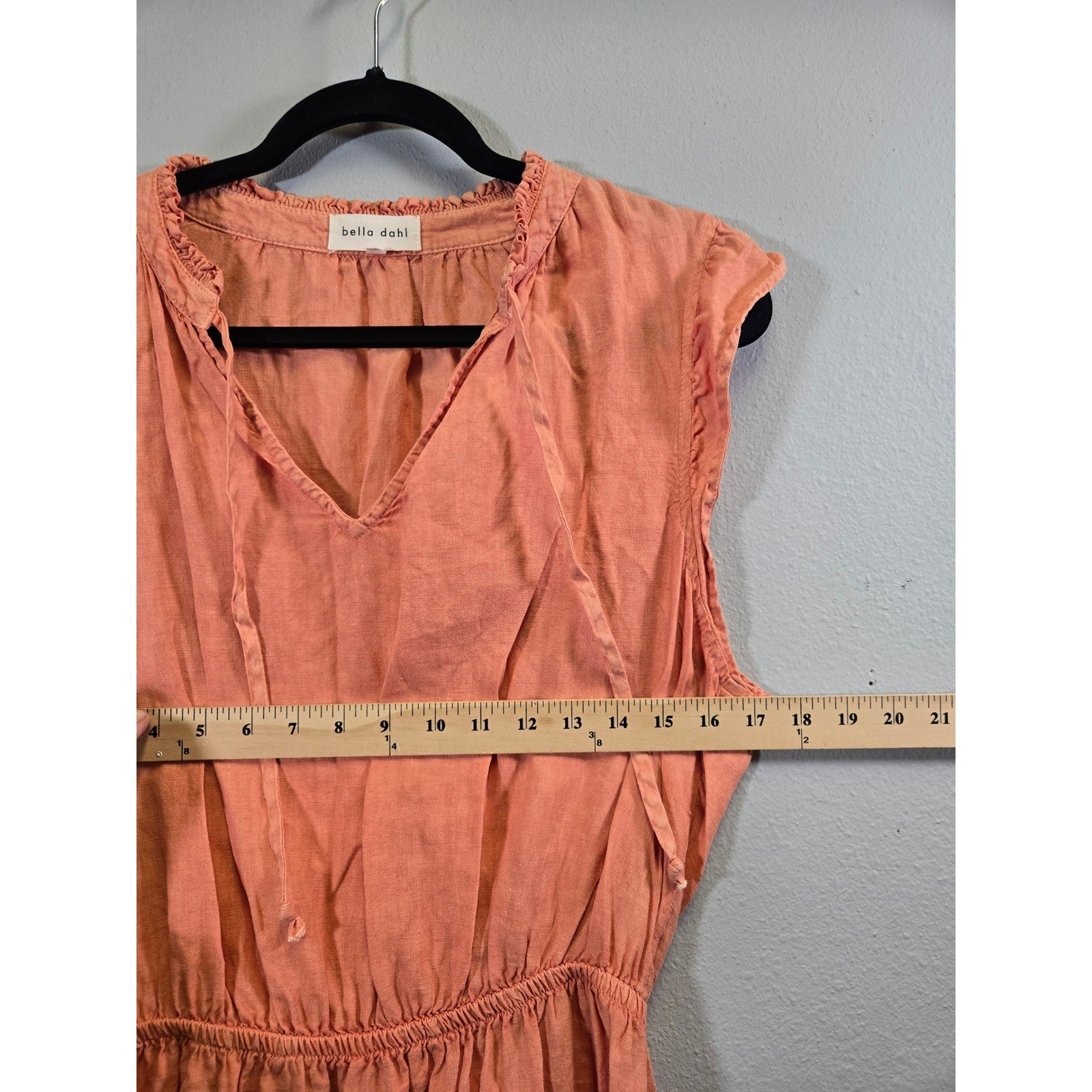 Bella Dahl Linen Boho Ruffle Tie Neck Elastic Waist Mini Dress Orange Large