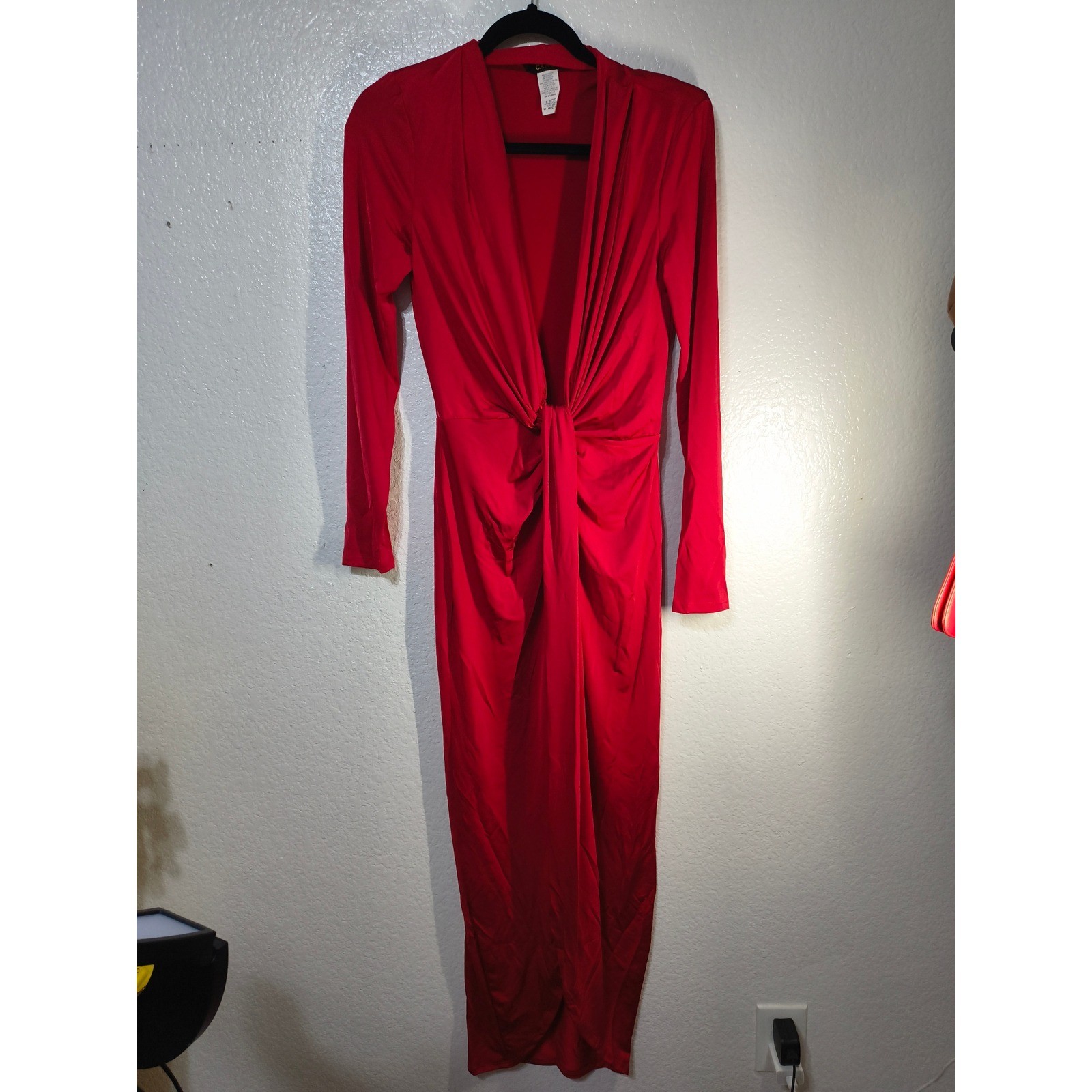 Cameo Red Deep V-Neck Knot Front Long Sleeve Maxi Dress C3436 Womens Medium (15)