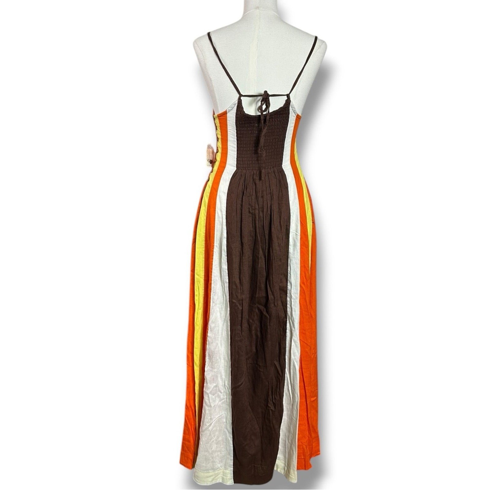 Free People Linen Retro 70s Color Harmony Maxi Dress in Chocolate Combo Small