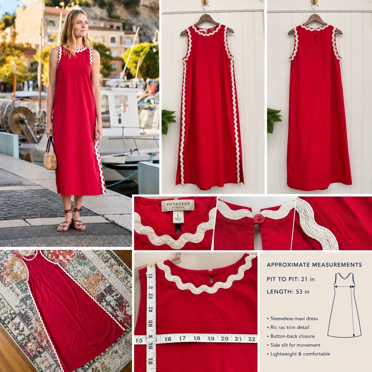 Voyageur Mersea Red Ric Rac Trim Sleeveless Shift Maxi Dress L Coastal Resort