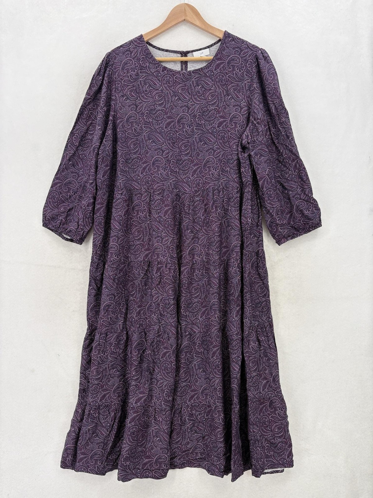 J. Jill Dress Womens L Purple Paisley 3/4 Puff Sleeve Midi Swing Trapeze Boho