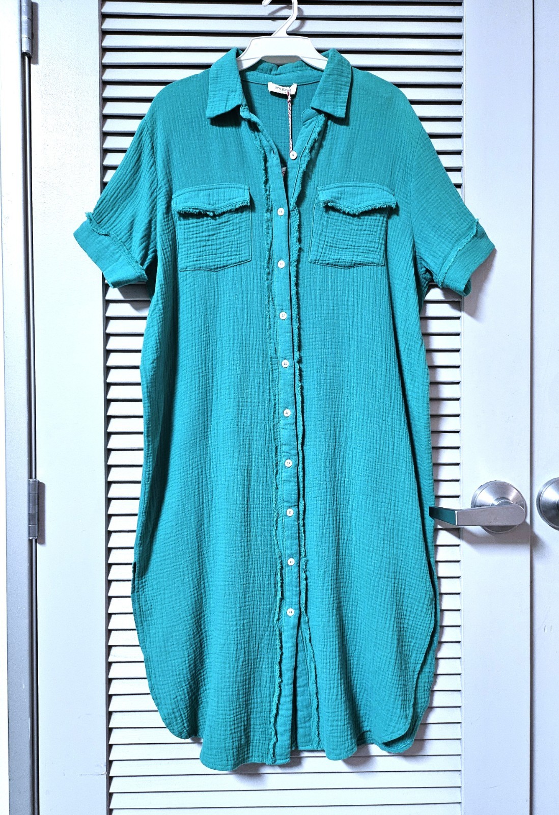 aqua gauze fringe detail button down shirt midi long dress M/L
