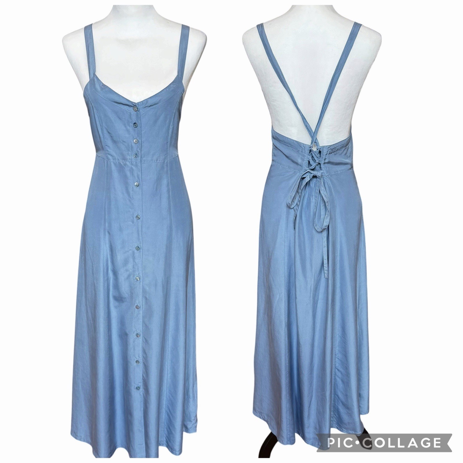 Blunauta Silk Midi Dress Size Small Blue Lace Back Quiet Luxury Resortwear