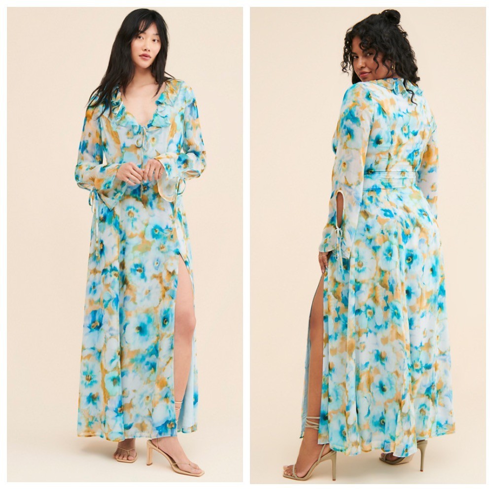 Rays for Days Floral Chiffon Maxi Dress Blue Yellow Watercolor Boho Flawless L