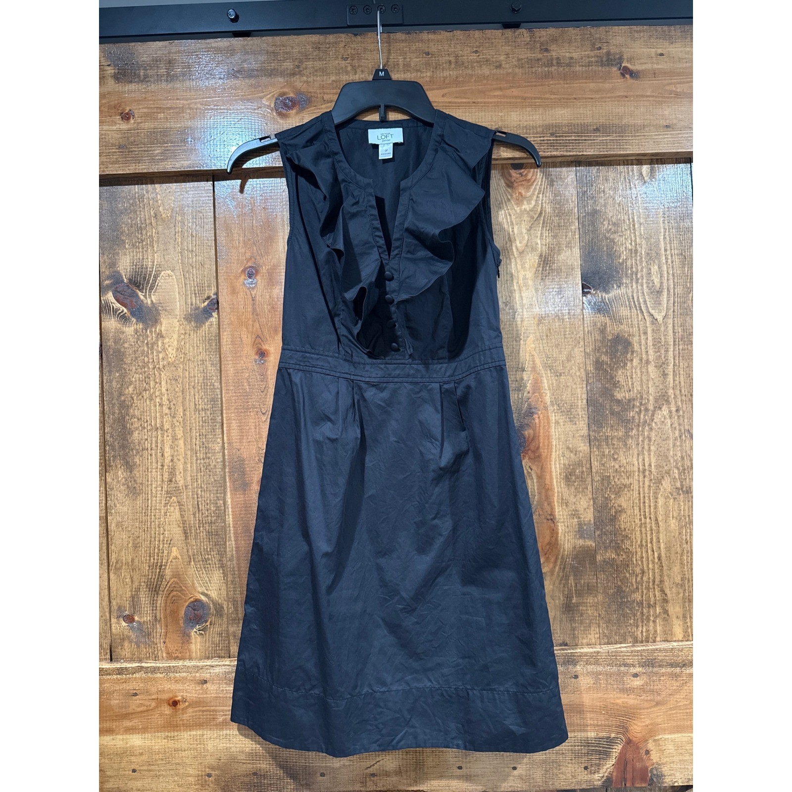 Ann Taylor Loft Petites Black Ruffle V-Neck Cotton Sleeveless Dress 0P