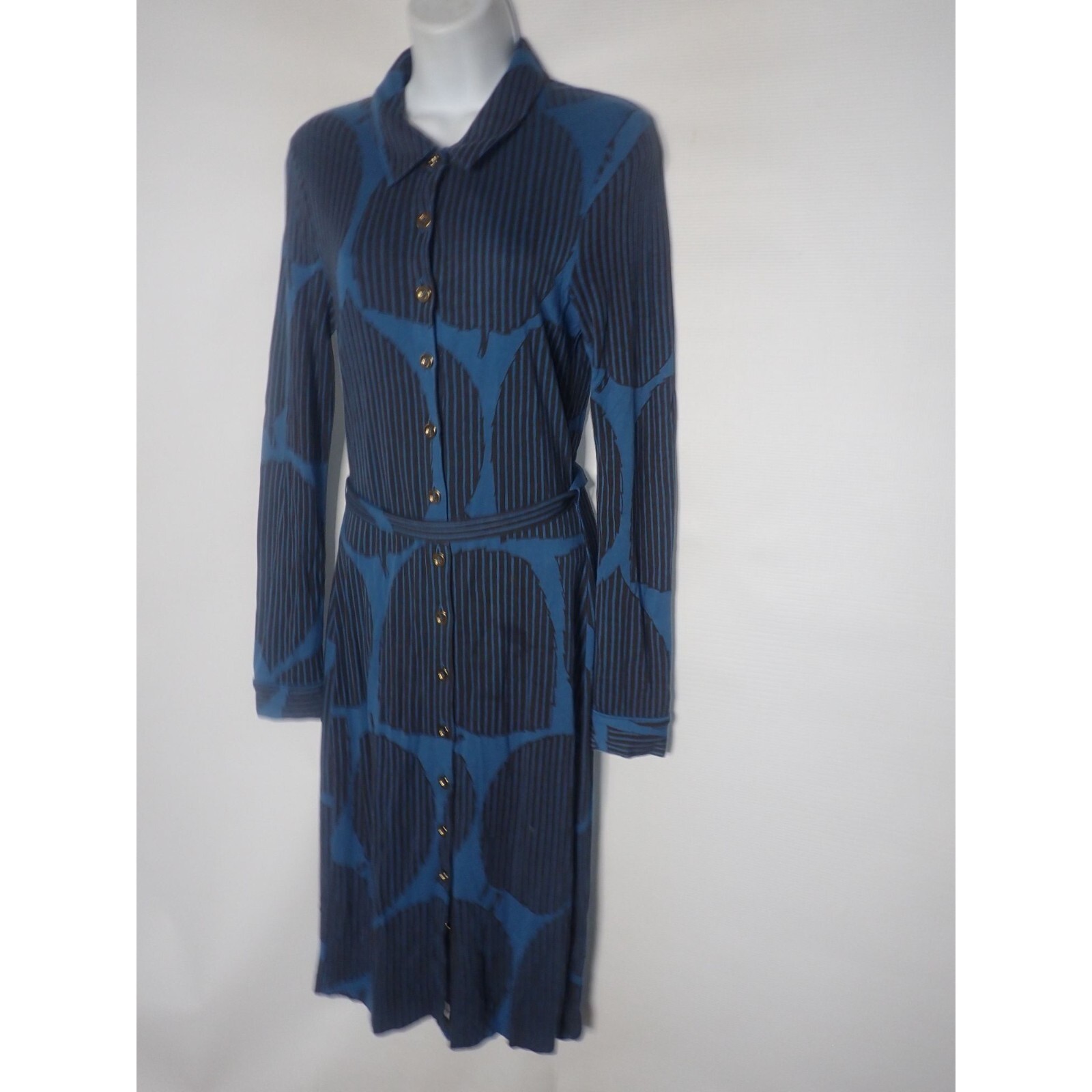 Boden Blue & Black Button-Down Long-Sleeve Dress UK 8 US 4 Belted Career Classic