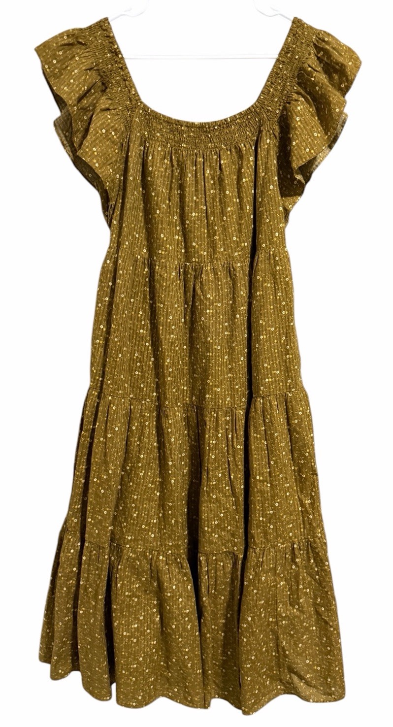 Madewell Ruffle-Sleeve Tiered Midi Dress in Daisy Stitch Weathered Olive Size L