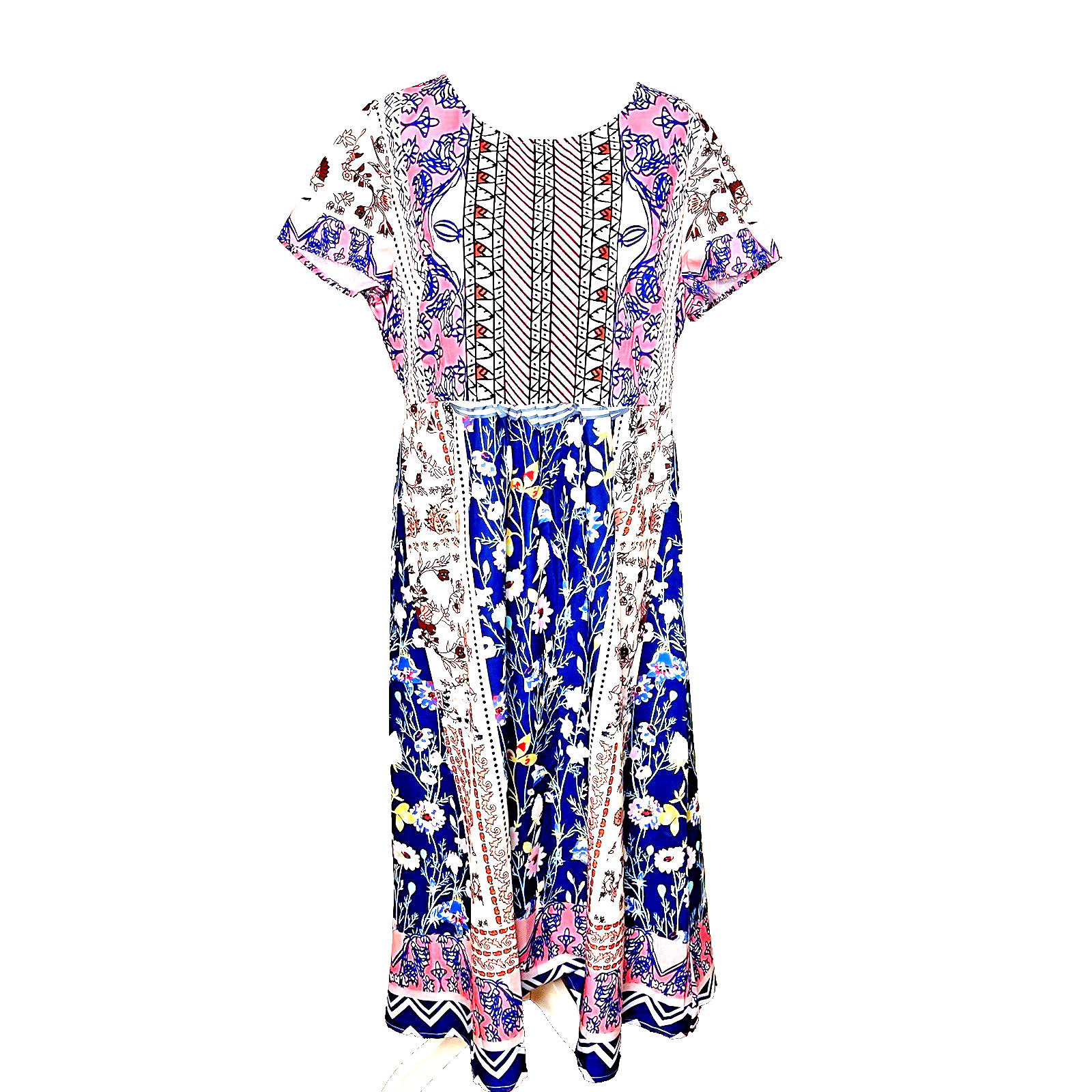 Pretty, Casual Boho Midi XL Zip Dress Patchwork Floral Cotton Blend Short Sleeve