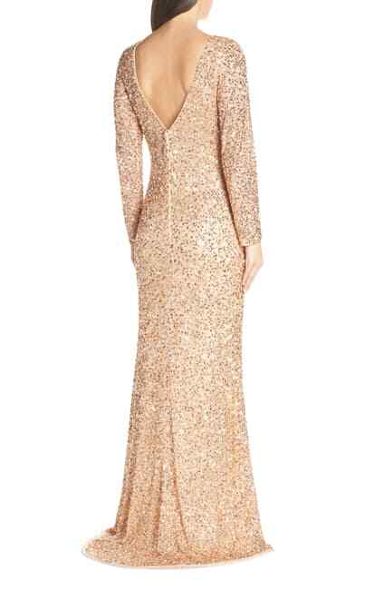 Mac Duggal 4820 Sequin Long Sleeve Slit Column Gown Sz 16 Rose Gold