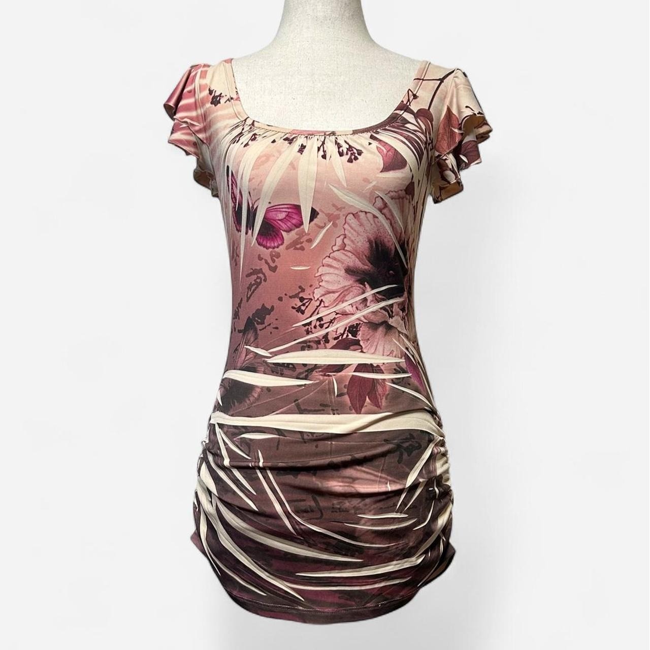 Y2K Body Central Fairy Boho Butterfly Print Ruched Bodycon Mini Dress Fits XS