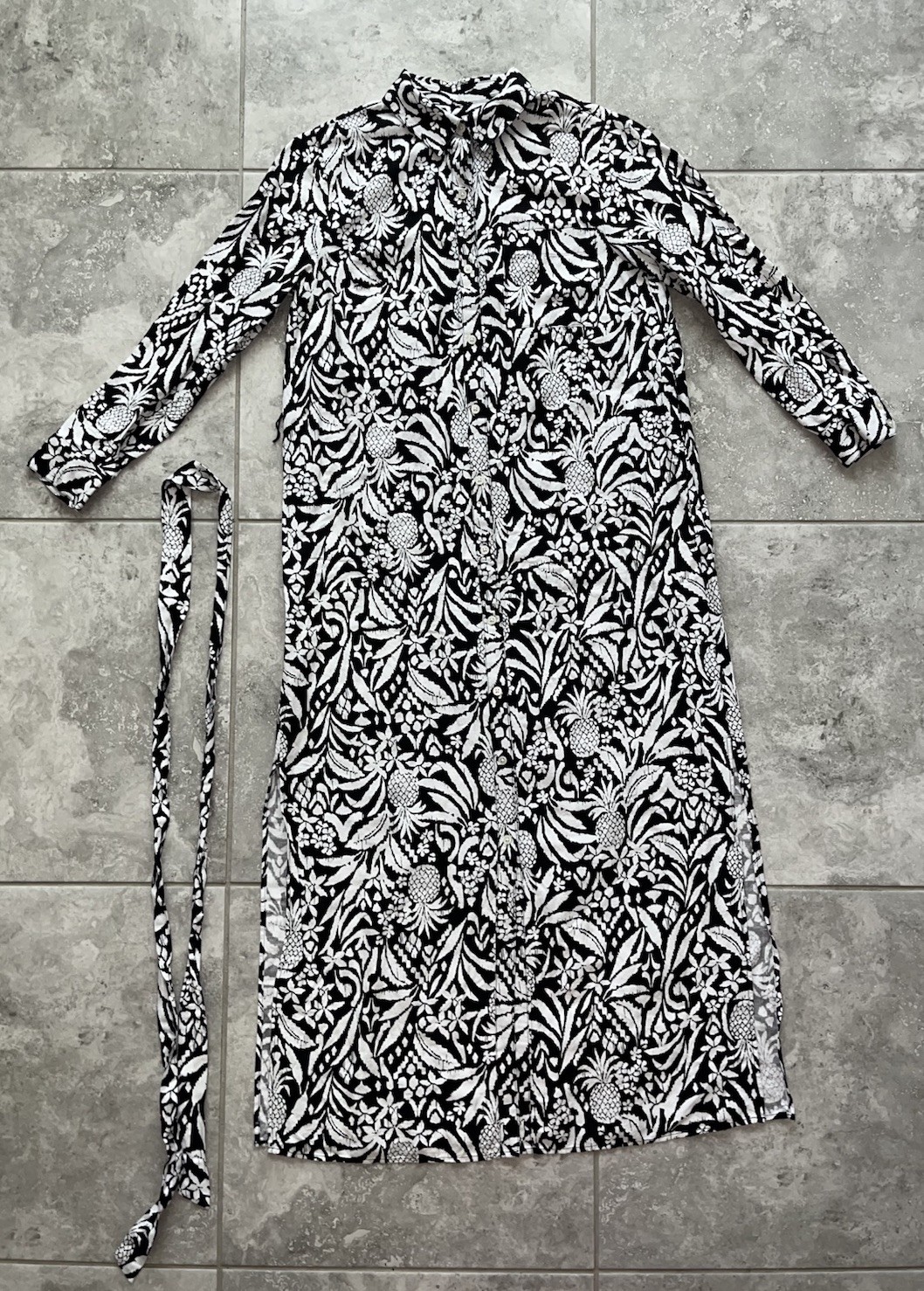 LOFT Linen Blend Long Sleeve Button Belted Tie Midi Maxi Shirt Dress Tropical 6