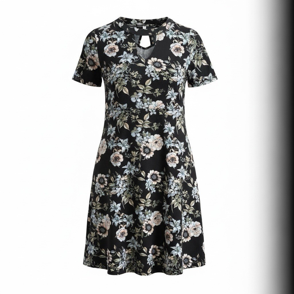 Sauci Womens Floral Mini Shift Dress Large Tie Back Casual Black Stretch Comfort