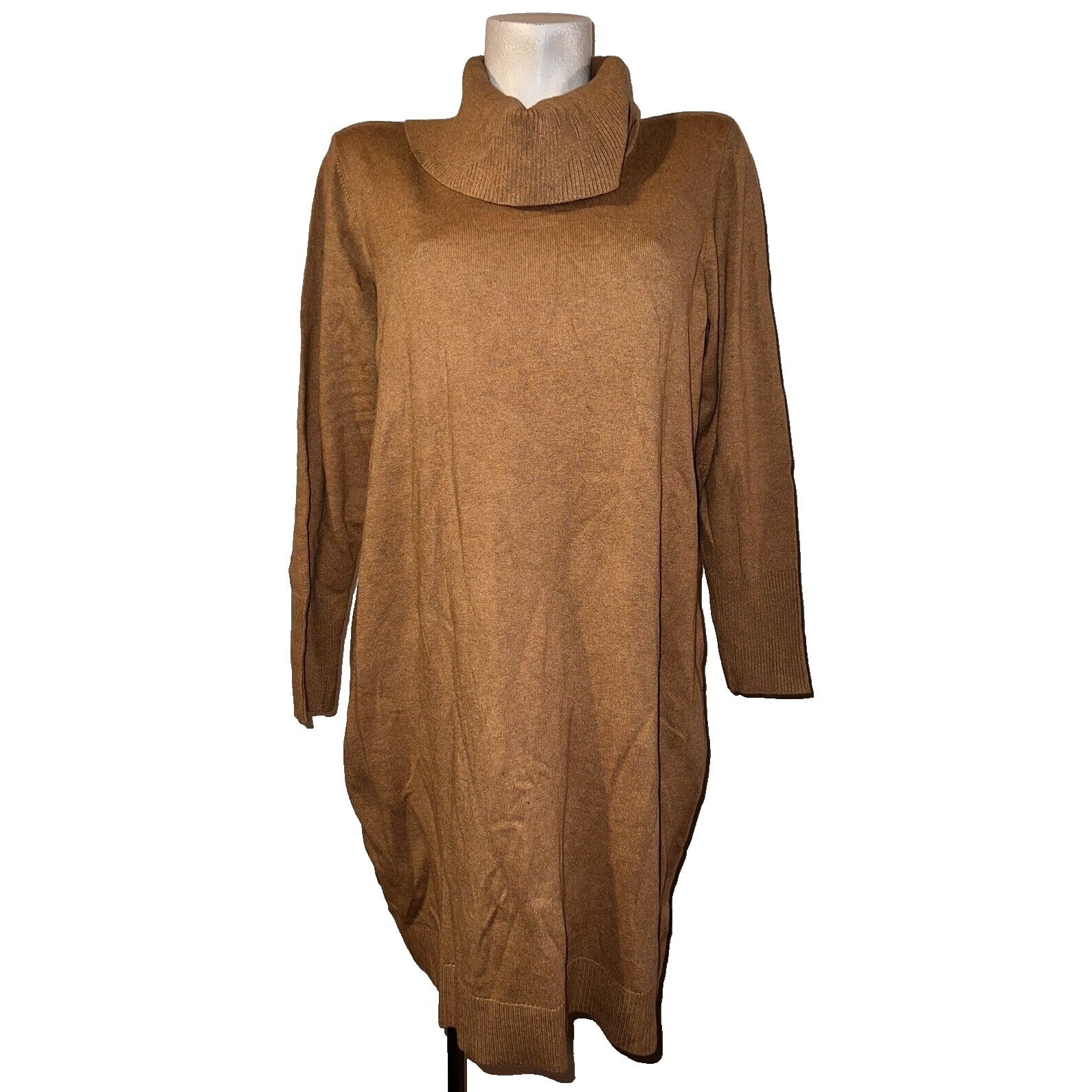 Chicos Fine Gauge Cowl Sweater Dress Camel Heather Brown Knit Size 3 XL New