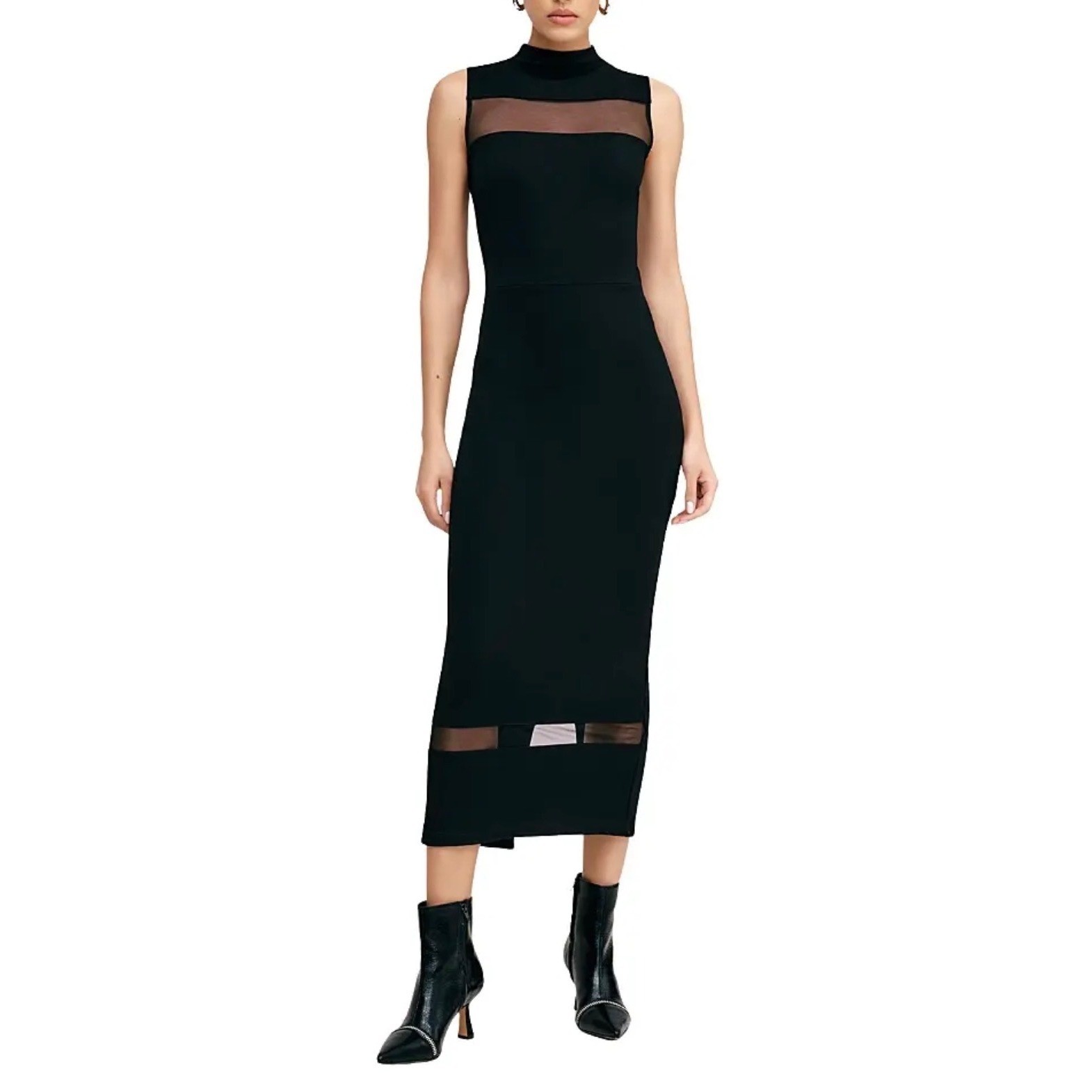 Marcella NYC Black Ponte Mesh Mock Neck Sleeveless Midi Dress Size M